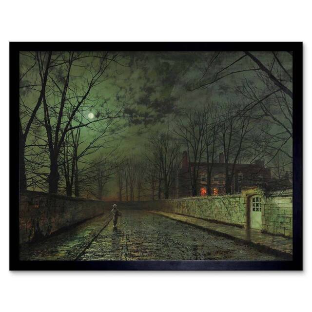 "Artery8 John Atkinson Grimshaw Moonlit Street Old Master Framed Wall Art Print in Green - Size: W12"" x H16""" - image 1