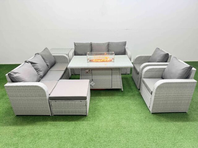 Fimous PE Rattan High Back Lounge Sofa Set Patio Firepit Dining Table & Chairs Set w/ 3 Seater Sofa Reclining Chair Big Footstool Side Table Light - image 1