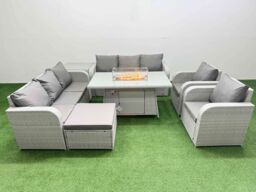 Fimous PE Rattan High Back Lounge Sofa Set Patio Firepit Dining Table & Chairs Set w/ 3 Seater Sofa Reclining Chair Big Footstool Side Table Light - thumbnail 2