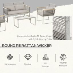 OUTSUNNY 4 PCS Patio Round PE Rattan Outdoor Sofa Set, Conservatory Furniture Set in Grey - thumbnail 4