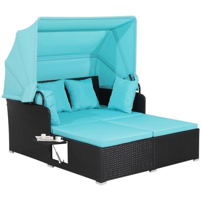 Gymax Garden Rattan Daybed Patio 2 Seater Wicker Sun Bed Lounger w/Canopy in Blue - image 1