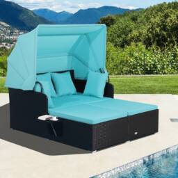 Gymax Garden Rattan Daybed Patio 2 Seater Wicker Sun Bed Lounger w/Canopy in Blue - thumbnail 4