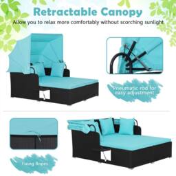 Gymax Garden Rattan Daybed Patio 2 Seater Wicker Sun Bed Lounger w/Canopy in Blue - thumbnail 6