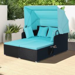 Gymax Garden Rattan Daybed Patio 2 Seater Wicker Sun Bed Lounger w/Canopy in Blue - thumbnail 3