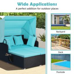 Gymax Garden Rattan Daybed Patio 2 Seater Wicker Sun Bed Lounger w/Canopy in Blue - thumbnail 5