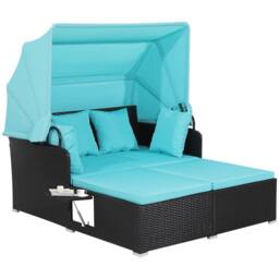 Gymax Garden Rattan Daybed Patio 2 Seater Wicker Sun Bed Lounger w/Canopy in Blue - thumbnail 1