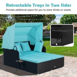 Gymax Garden Rattan Daybed Patio 2 Seater Wicker Sun Bed Lounger w/Canopy in Blue - thumbnail 9