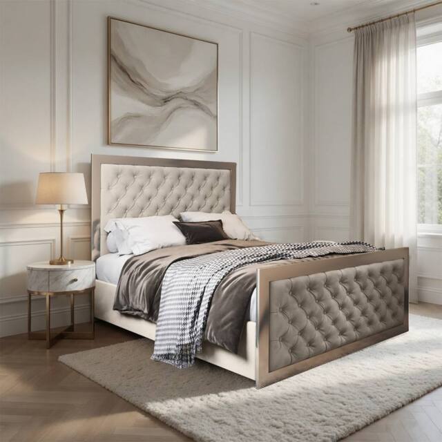 Casani Lapworth Upholstered Soft Velvet Beige Metal Designer Bed Frame in Cream - Size: Small Double - image 1