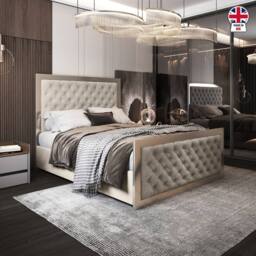 Casani Lapworth Upholstered Soft Velvet Beige Metal Designer Bed Frame in Cream - Size: Small Double - thumbnail 5