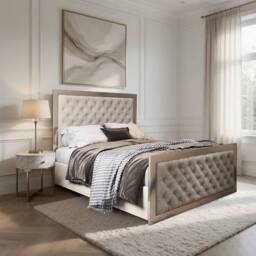 Casani Lapworth Upholstered Soft Velvet Beige Metal Designer Bed Frame in Cream - Size: Small Double - thumbnail 1