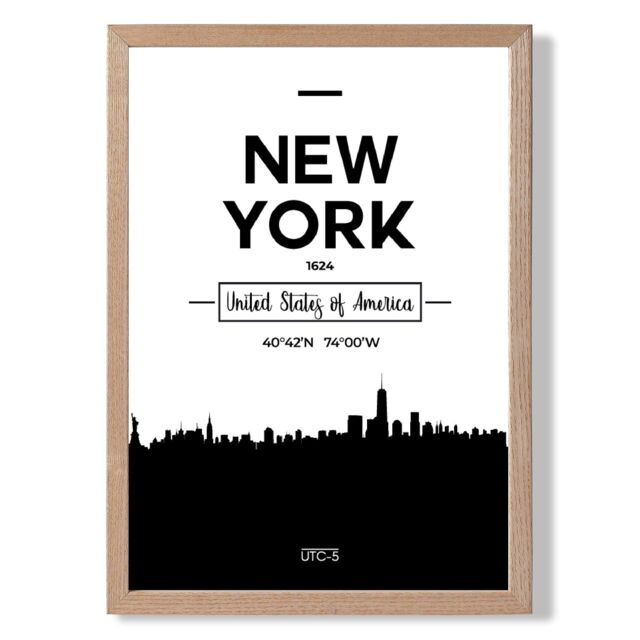 ARTZE New York Black & White City Skyline Framed Print SIZE: A2 with Oak Frame - Size: A4 - image 1