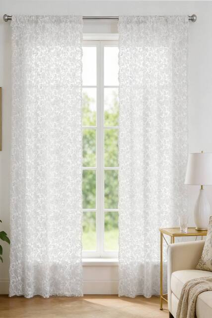 Living and Home White Floral Lace Sheer Curtains, 2-Panel Set - Size: 125 cm width x 130 cm drop - image 1