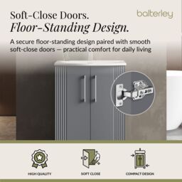Balterley Floor Standing 2 Door Vanity Unit - Curved Basin 600mm, Satin Grey - thumbnail 3