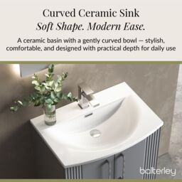 Balterley Floor Standing 2 Door Vanity Unit - Curved Basin 600mm, Satin Grey - thumbnail 4