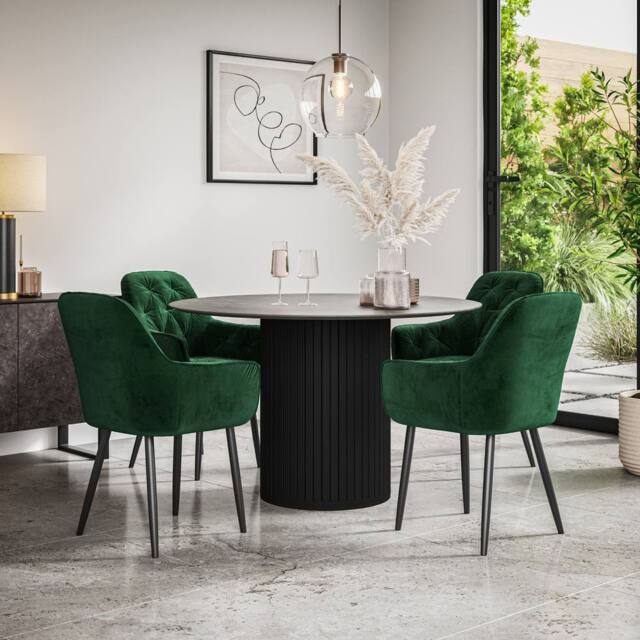 More4Homes Arlo Concrete Table Top W Black Legs + Anika Velvet Dining Chair Set Of 4 in Green - image 1
