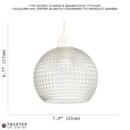 Happy Homewares Modern Spherical Clear Glass Pendant Light Shade with Square Diamond Ridges - thumbnail 7