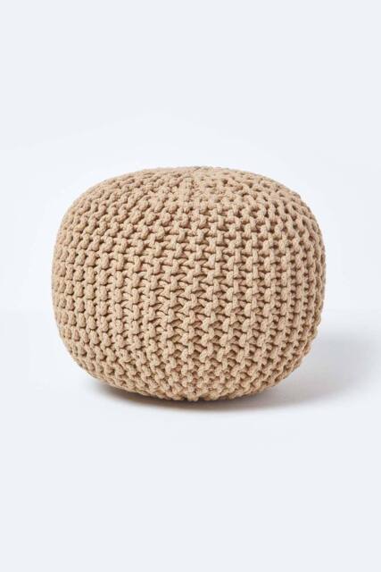 Homescapes Round Cotton Knitted Pouffe Footstool in Beige - image 1