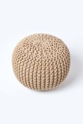 Homescapes Round Cotton Knitted Pouffe Footstool in Beige - thumbnail 3