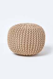 Homescapes Round Cotton Knitted Pouffe Footstool in Beige - thumbnail 1