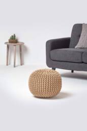 Homescapes Round Cotton Knitted Pouffe Footstool in Beige - thumbnail 2