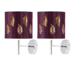 First Choice Lighting Set of 2 Brea - Chrome Wall Lights with Burgundy Fern Shades in Silver - thumbnail 1