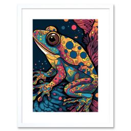 Artery8 Wall Art Print Frog Portrait Acrylic Painting Colourful Psychedelic Patterns Aquatic Animal Modern Pop Artwork Framed 9X7 Inch - thumbnail 1