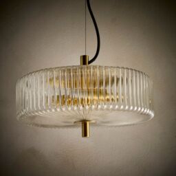 K LIVING 2 Light Clear Ribbed Glass Collection including Floor Lamp in a Brass finish in Gold