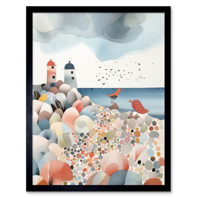 "Artery8 Wall Art Print Lighthouses On Multicoloured Pebble Beach Watercolour Painting Art Framed in Black - Size: W12"" x H16""" - image 1