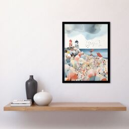 "Artery8 Wall Art Print Lighthouses On Multicoloured Pebble Beach Watercolour Painting Art Framed in Black - Size: W12"" x H16""" - thumbnail 2