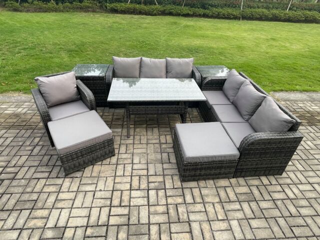 Fimous Outdoor Rattan Garden Furniture Set Oblong Dining Table & Chairs Set with 3 Seater Sofa 2 Big Footstool 2 Side Tables Dark Grey Mixed - image 1