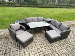 Fimous Outdoor Rattan Garden Furniture Set Oblong Dining Table & Chairs Set with 3 Seater Sofa 2 Big Footstool 2 Side Tables Dark Grey Mixed - thumbnail 2