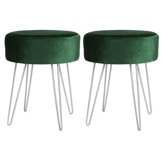 Harbour Housewares Round Velvet Footstools - H40 x D35cm - Silver Legs - Pack of 2 in Green - image 1