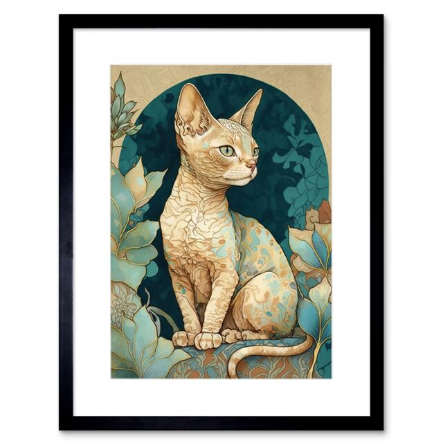 "Artery8 Wall Art Print Devon Rex Cat with Pattern Fur Art Nouveau Modern Artwork Framed 9X7 Inch in Black - Size: W7"" x H9""" - image 1