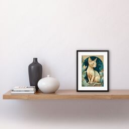 "Artery8 Wall Art Print Devon Rex Cat with Pattern Fur Art Nouveau Modern Artwork Framed 9X7 Inch in Black - Size: W7"" x H9""" - thumbnail 2