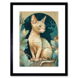 "Artery8 Wall Art Print Devon Rex Cat with Pattern Fur Art Nouveau Modern Artwork Framed 9X7 Inch in Black - Size: W7"" x H9""" - thumbnail 1