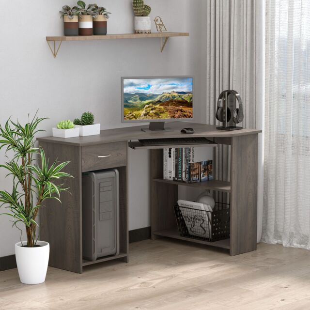 HOMCOM L-Shaped Corner Computer Desk w/ 2 Shelves Worktop Keyboard Tray in Grey - image 1