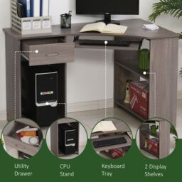 HOMCOM L-Shaped Corner Computer Desk w/ 2 Shelves Worktop Keyboard Tray in Grey - thumbnail 6
