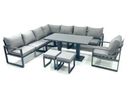 Fimous 10 Seater Outdoor Aluminum Garden Furniture Set Corner Sofa Chair 2 Small Footstool Adjustable Rising Lifting Dining Table Sets Dark Grey - thumbnail 2