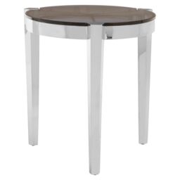 Orsina Round End Table With Smoky Grey Glass Top, Silver Sofa Side Table With Steel Frame, Side Table For Living Area