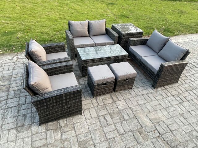 Fimous 8 Seater Dark Grey Mixed High Back Rattan Sofa Set Coffee Table Garden Furniture Outdoor Patio With Love Sofa Arm Chairs