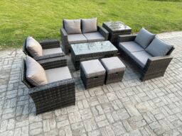 Fimous 8 Seater Dark Grey Mixed High Back Rattan Sofa Set Coffee Table Garden Furniture Outdoor Patio With Love Sofa Arm Chairs - thumbnail 1