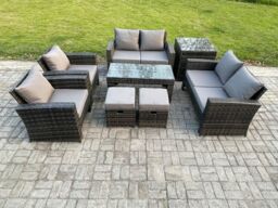 Fimous 8 Seater Dark Grey Mixed High Back Rattan Sofa Set Coffee Table Garden Furniture Outdoor Patio With Love Sofa Arm Chairs - thumbnail 2