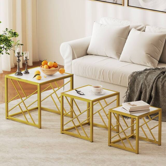 HOMCOM Set of 3 Nesting Coffee Tables Square End Tables w/ Metal Frame White - image 1