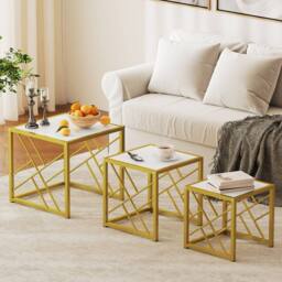 HOMCOM Set of 3 Nesting Coffee Tables Square End Tables w/ Metal Frame White