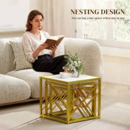 HOMCOM Set of 3 Nesting Coffee Tables Square End Tables w/ Metal Frame White - thumbnail 5