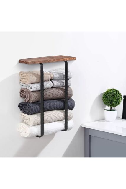 H&O Direct Black Metal Wall-Mounted Towel Rack with Brown Wooden Shelf - image 1