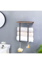 H&O Direct Black Metal Wall-Mounted Towel Rack with Brown Wooden Shelf - thumbnail 2