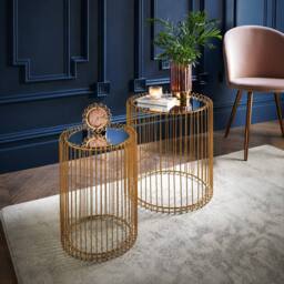 SPOT ON DEALZ Set of 2 Round Nesting Tables Gold With Glass Mirrored Top - thumbnail 1