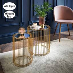 SPOT ON DEALZ Set of 2 Round Nesting Tables Gold With Glass Mirrored Top - thumbnail 5