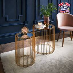 SPOT ON DEALZ Set of 2 Round Nesting Tables Gold With Glass Mirrored Top - thumbnail 6